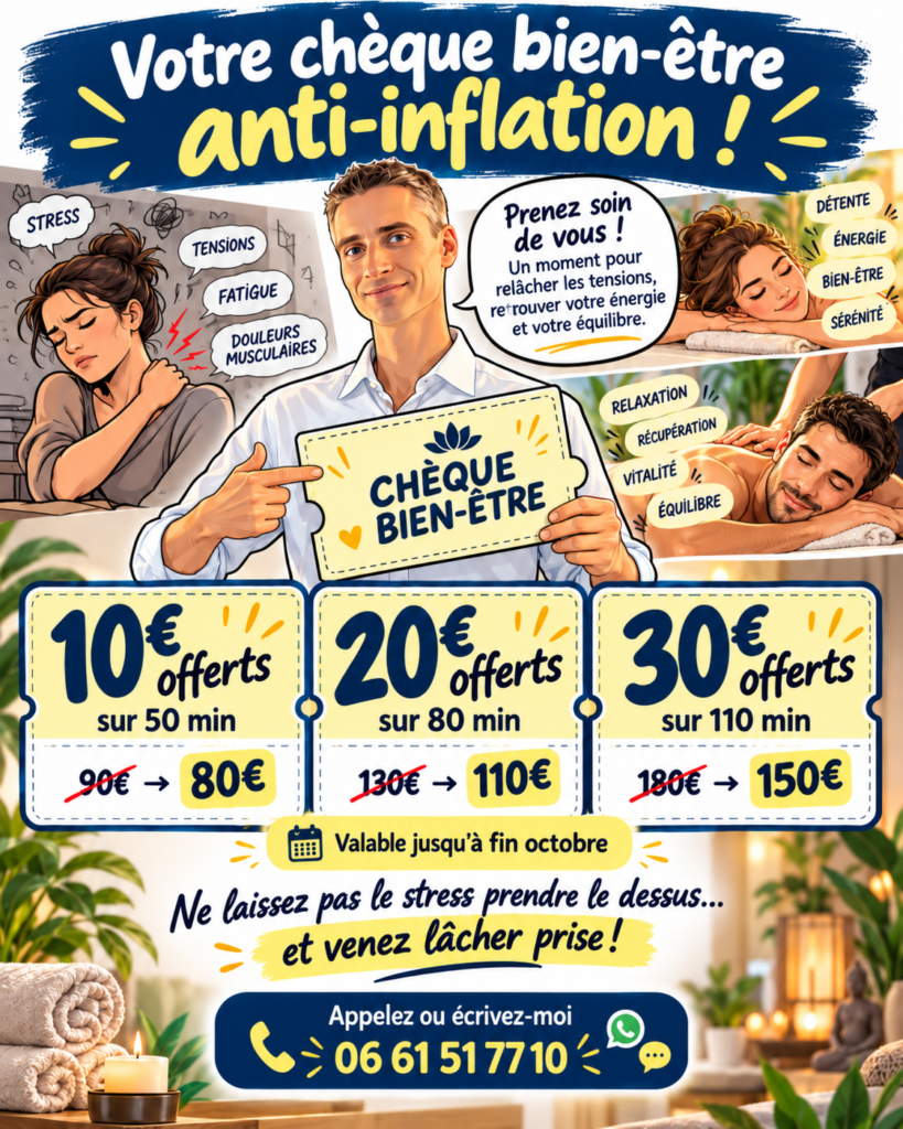 Offre massage anti-inflation à Paris 11 chez Xavier Foucher : massages de 50, 80 et 110 minutes avec réductions jusqu'à 30 €.